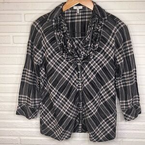 Joie Black Plaid Ruffled Flannel Button Up Cotton Shirt , Women’s Size Small